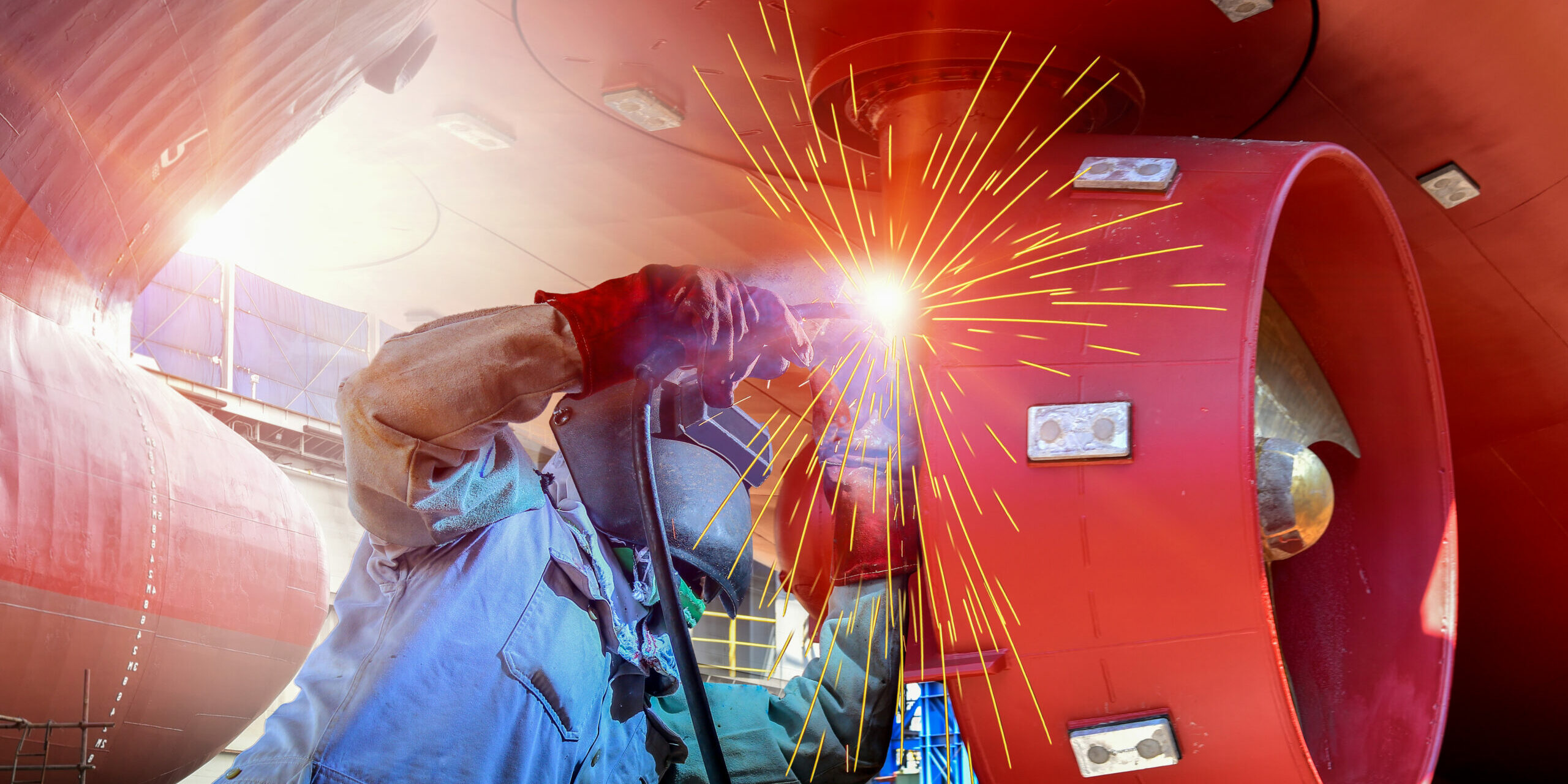 Worker,Welding,Process,With,Metal,Steel,Hull,And,Proppeler,Maintenance,